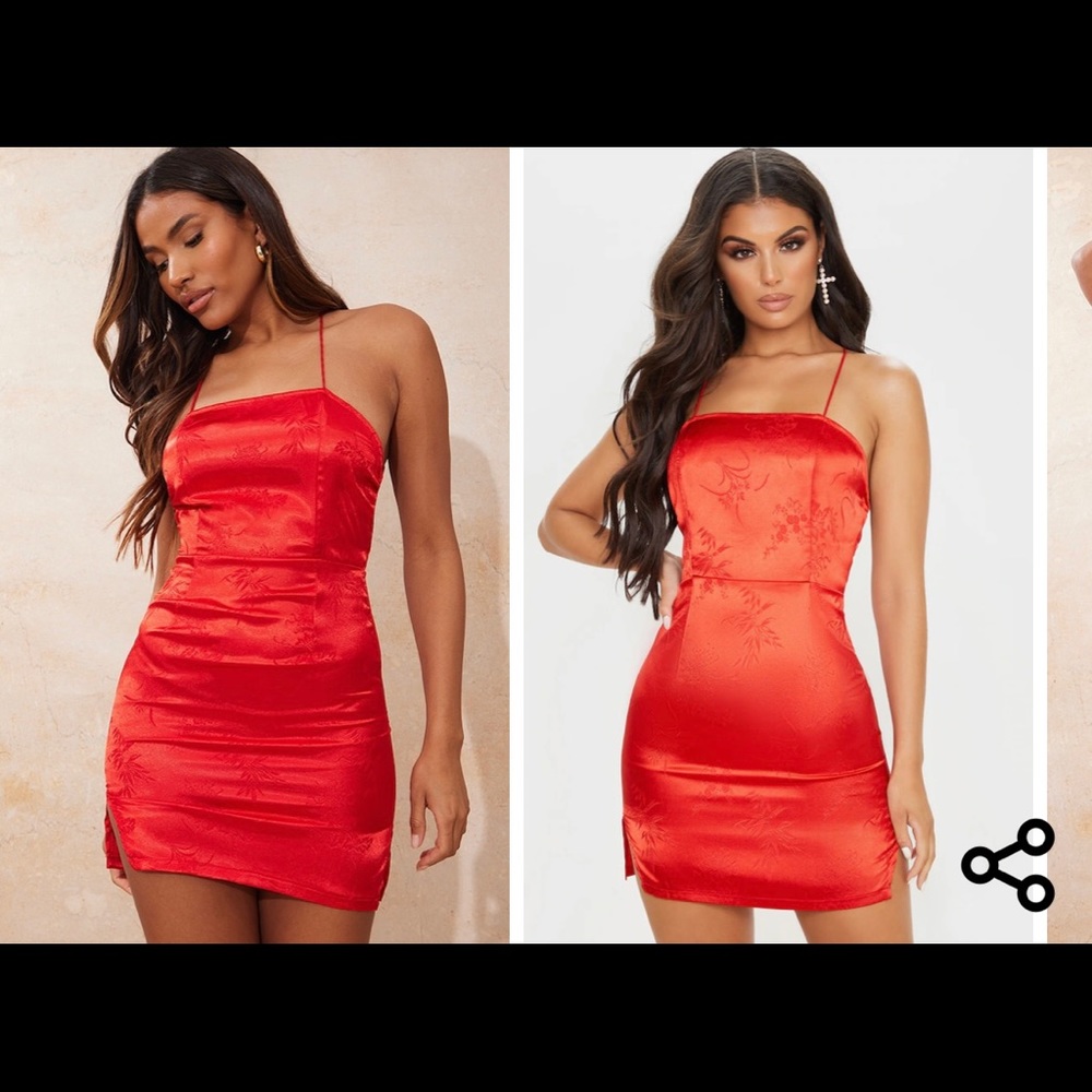 Red Satin Mixed print Lace Up Back Bodycon Dress